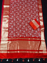 Red Kora with White Embroidery saree in banarasi kora organza silk with white paisley embroidery on red kora — Kaash Collection