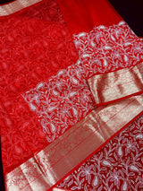Red Kora with White Embroidery saree in banarasi kora organza silk with white paisley embroidery on red kora — Kaash Collection