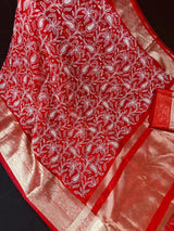 Red Kora with White Embroidery saree in banarasi kora organza silk with white paisley embroidery on red kora — Kaash Collection