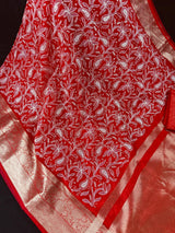Red Kora with White Embroidery saree in banarasi kora organza silk with white paisley embroidery on red kora — Kaash Collection