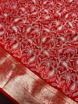 Red Kora with White Embroidery saree in banarasi kora organza silk with white paisley embroidery on red kora — Kaash Collection