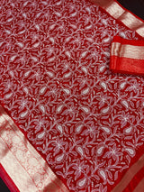 Red Kora with White Embroidery saree in banarasi kora organza silk with white paisley embroidery on red kora — Kaash Collection