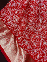 Red Kora with White Embroidery saree in banarasi kora organza silk with white paisley embroidery on red kora — Kaash Collection