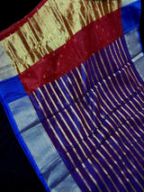 Red Kora with Blue Banarasi Borders saree in banarasi kora organza silk with blue banarasi borders on red kora — Kaash Collection