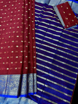 Red Kora with Blue Banarasi Borders saree in banarasi kora organza silk with blue banarasi borders on red kora — Kaash Collection