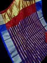 Red Kora with Blue Banarasi Borders saree in banarasi kora organza silk with blue banarasi borders on red kora — Kaash Collection
