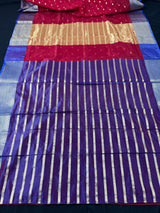 Red Kora with Blue Banarasi Borders saree in banarasi kora organza silk with blue banarasi borders on red kora — Kaash Collection