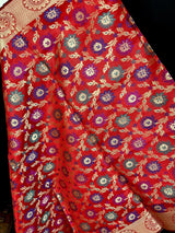 Red Semi Banarasi Floral Meenakari dupatta in semi banarasi soft silk with floral jaal with meenakari & gold zari — Kaash Collection