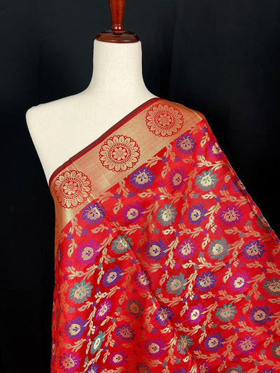 Red Semi Banarasi Floral Meenakari dupatta in semi banarasi soft silk with floral jaal with meenakari & gold zari — Kaash Collection
