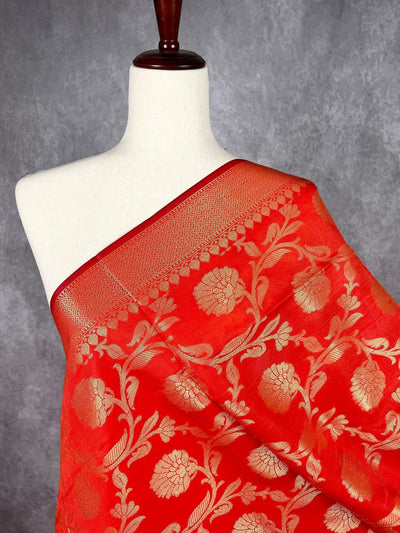 Red Banarasi Floral Jaal dupatta in soft silk (non-pure) with floral jaal with zari weaving — Kaash Collection