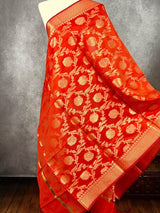 Red Banarasi Floral Jaal dupatta in soft silk (non-pure) with floral jaal with zari weaving — Kaash Collection