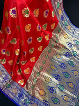 Red Color Banarasi Soft Silk Saree with Buttas and Meenakari Work - Kaash