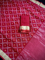 Red Bengal Linen Patola saree in bengal linen with patola design with silver zari & meenakari — Kaash Collection