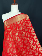 Red Color Cotton Silk floral Banarasi Dupatta with Gold Zari Weaving - Kaash