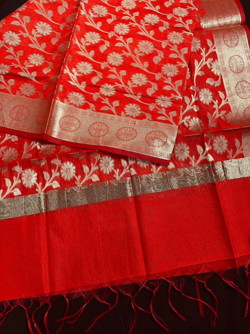 Red Color Cotton Silk floral Banarasi Dupatta with Gold Zari Weaving | Handmade Dupattas | Banarasi Soft Silk Dupattas | Dupatta for Lehenga - Kaash