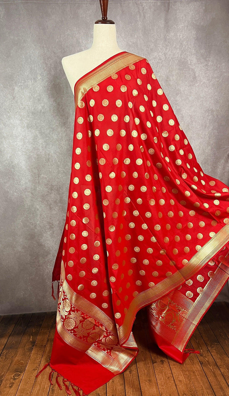 Red Color Handmade Soft Silk Zari Weaved Dupatta with Chakras with Grand Flower Borders | Indian Dupatta | Gift For Her | Lehengas dupatta - Kaash