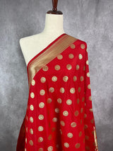 Red Color Handmade Soft Silk Zari Weaved Dupatta with Chakras with Grand Flower Borders | Indian Dupatta | Gift For Her | Lehengas dupatta - Kaash