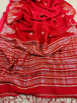 Red Color Linen Bengal Handloom Saree with Muted Gold Zari Weave - Kaash