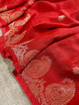 Red Color Linen Bengal Handloom Saree with Muted Gold Zari Weave - Kaash