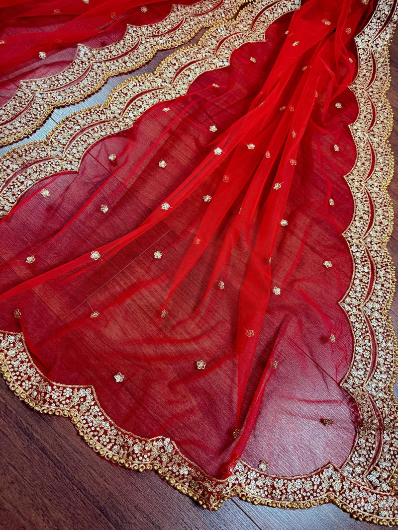 Red Net Dupatta with Gold Zari, Sequin & Beads | Kaash