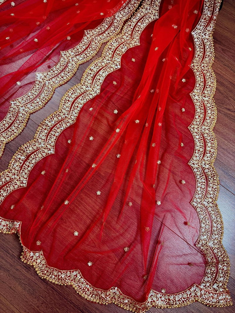 Red Color Net Dupatta with Zari, Sequin and Beads - Kaash