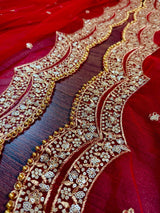Red Color Net Dupatta with Zari, Sequin and Beads - Kaash
