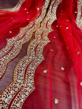 Red Color Net Dupatta with Zari, Sequin and Beads - Kaash