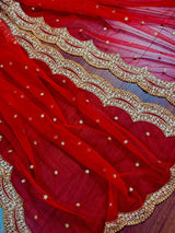 Red Color Net Dupatta with Zari, Sequin and Beads - Kaash
