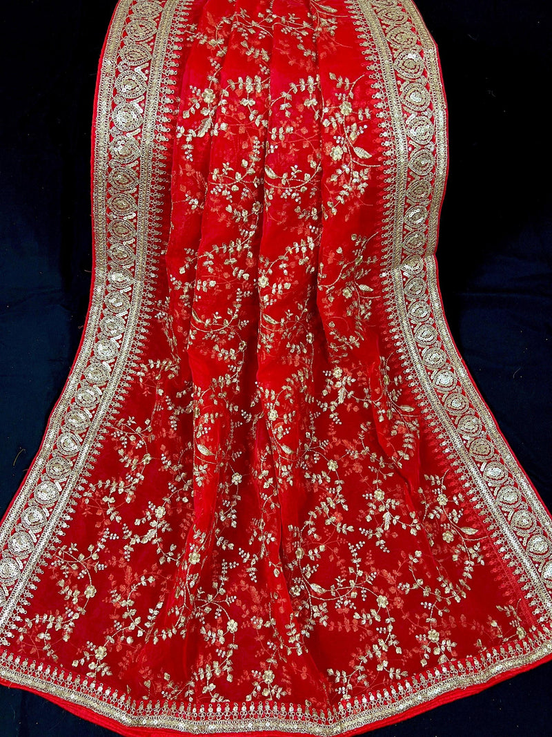 Red Color Organza Dupatta with Embroidery, Sequin and Zari - Kaash