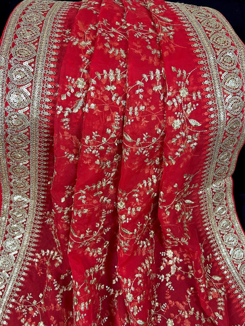 Red Color Organza Dupatta with Embroidery, Sequin and Zari - Kaash