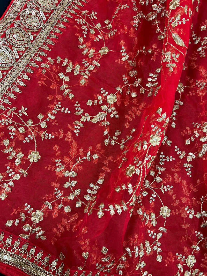 Red Color Organza Dupatta with Embroidery, Sequin and Zari - Kaash