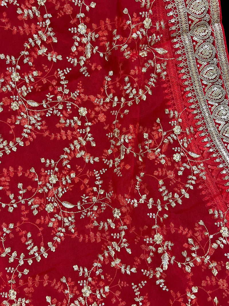 Red Color Organza Dupatta with Embroidery, Sequin and Zari - Kaash