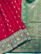 Red Color Pure Katan Silk Saree with Green Color Border and Pallu - Kaash