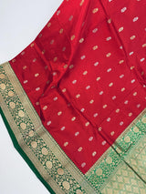 Red Color Pure Katan Silk Saree with Green Color Border and Pallu - Kaash