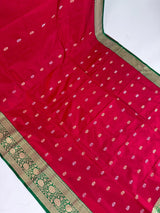 Red Color Pure Katan Silk Saree with Green Color Border and Pallu - Kaash
