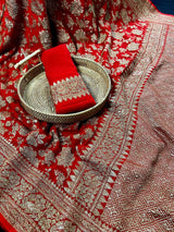 Red pure khaddi georgette banarasi silk saree with antique zari weave — Kaash Collection