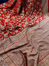Red pure khaddi georgette banarasi silk saree with antique zari weave — Kaash Collection