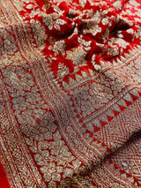 Red pure khaddi georgette banarasi silk saree with antique zari weave — Kaash Collection