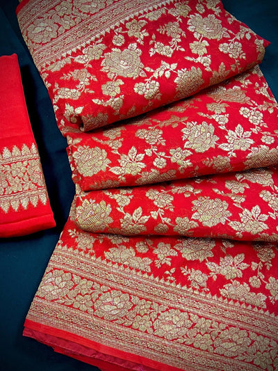 Red pure khaddi georgette banarasi silk saree with antique zari weave — Kaash Collection