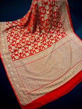 Red pure khaddi georgette banarasi silk saree with antique zari weave — Kaash Collection