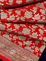 Red pure khaddi georgette banarasi silk saree with antique zari weave — Kaash Collection