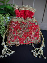 Red Color Raw Silk Floral Light Weight Potli Bag - Kaash