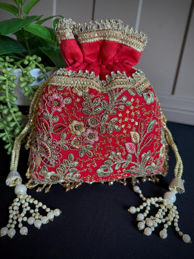 Red Color Raw Silk Floral Light Weight Potli Bag - Kaash