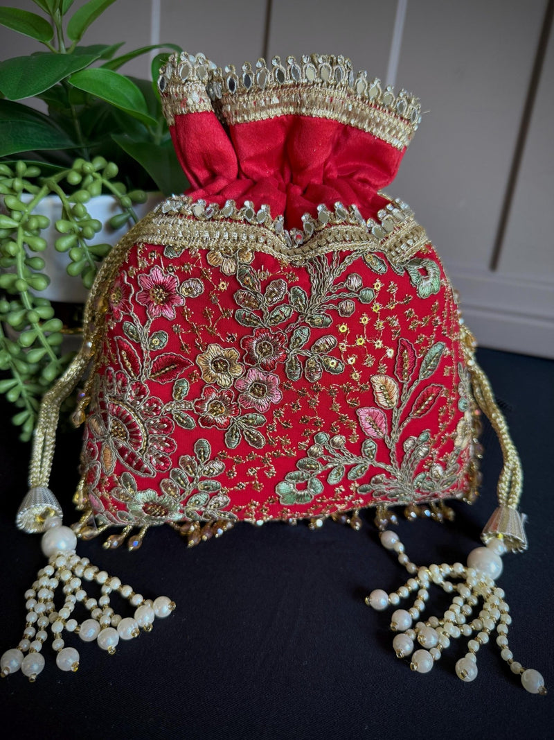 Red Color Raw Silk Floral Light Weight Potli Bag - Kaash