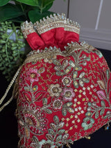 Red Color Raw Silk Floral Light Weight Potli Bag - Kaash