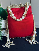 Red Color Raw Silk Floral Light Weight Potli Bag - Kaash