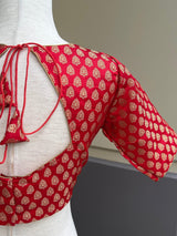 Red Pure Banarasi ready-to-wear blouse with gold buttis with princess cut — Kaash Collection
