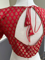 Red Pure Banarasi ready-to-wear blouse with gold buttis with princess cut — Kaash Collection