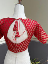 Red Pure Banarasi ready-to-wear blouse with gold buttis with princess cut — Kaash Collection