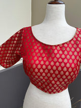 Red Pure Banarasi ready-to-wear blouse with gold buttis with princess cut — Kaash Collection